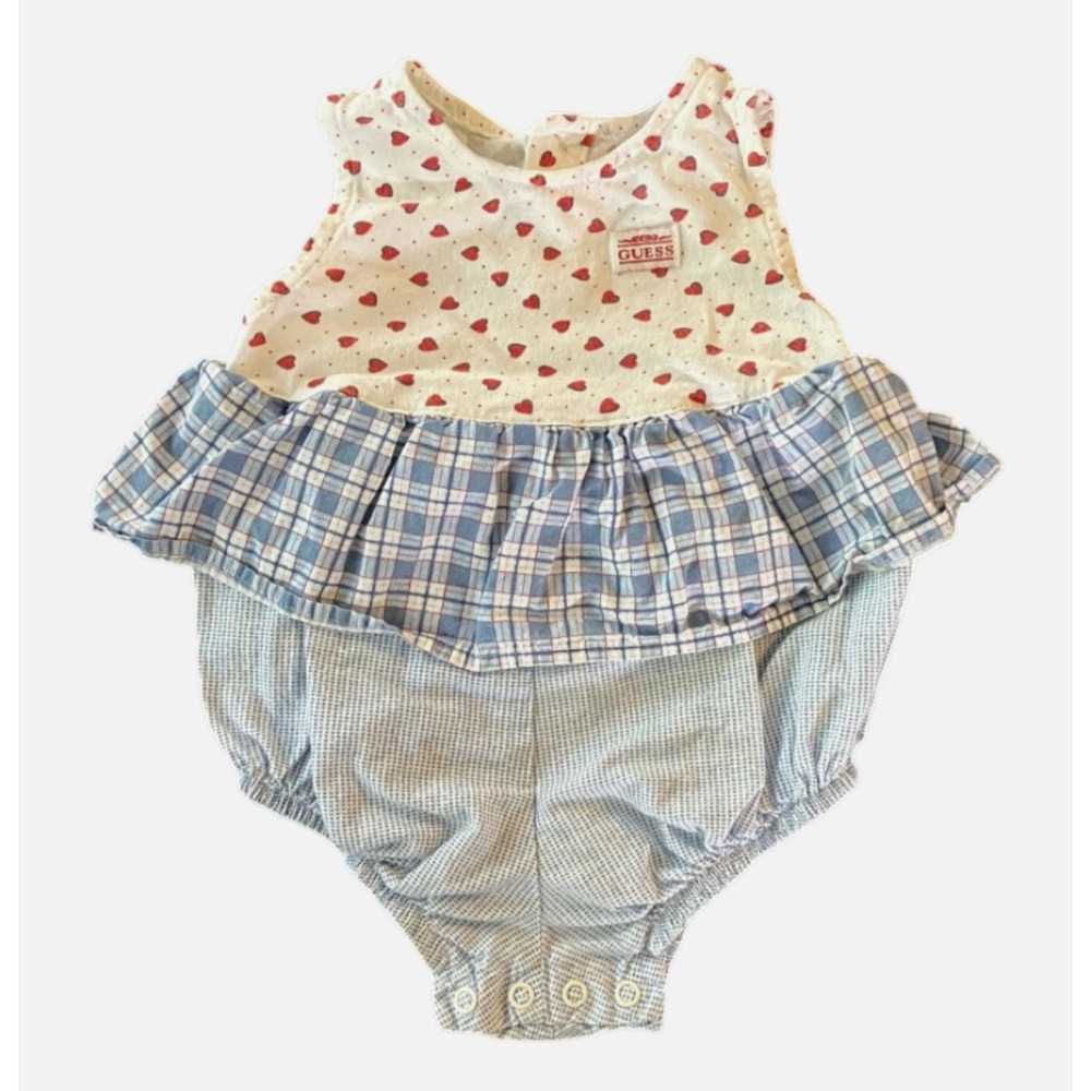 True Vintage BABY GUESS ROMPER Blue Plaid Red Hearts Peplum Ruffle 12 M